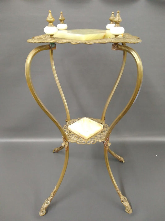 Antique Art Nouveau Victorian Cast Brass Fern Plant Stand w/ Onyx Top & Bottom